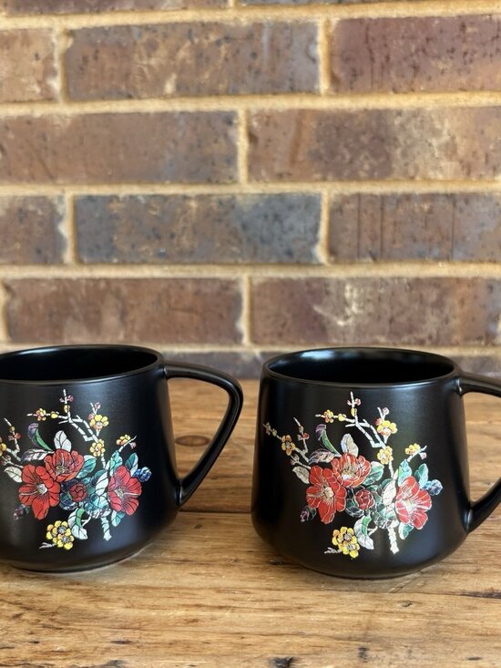 Black Floral Mugs Simulated Mother Of Pearl Inlay Floral Korean Printed Set Of 2 - Picture 1 of 11